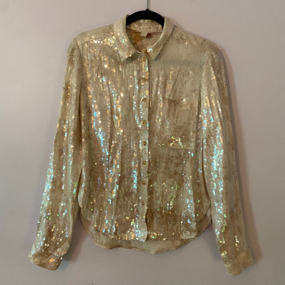 Pilcro Anthropologie Cream Sequin Shimmer Button Down Shirt Glam Women's Medium